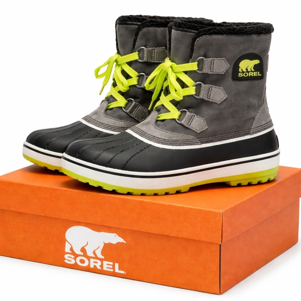 Sorel Winter Carnival Boots Gray Black Neon Yellow Waterproof Size 7